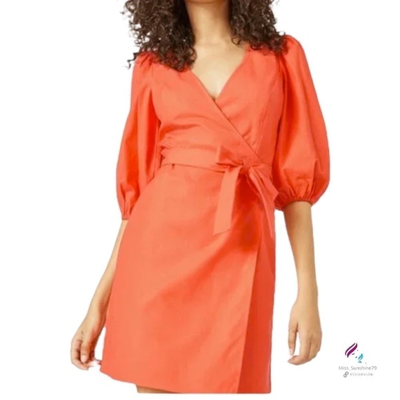 JustFab NWT - Sz L - wrap dress coral color w/ puffer sleeves - Picture 2 of 8